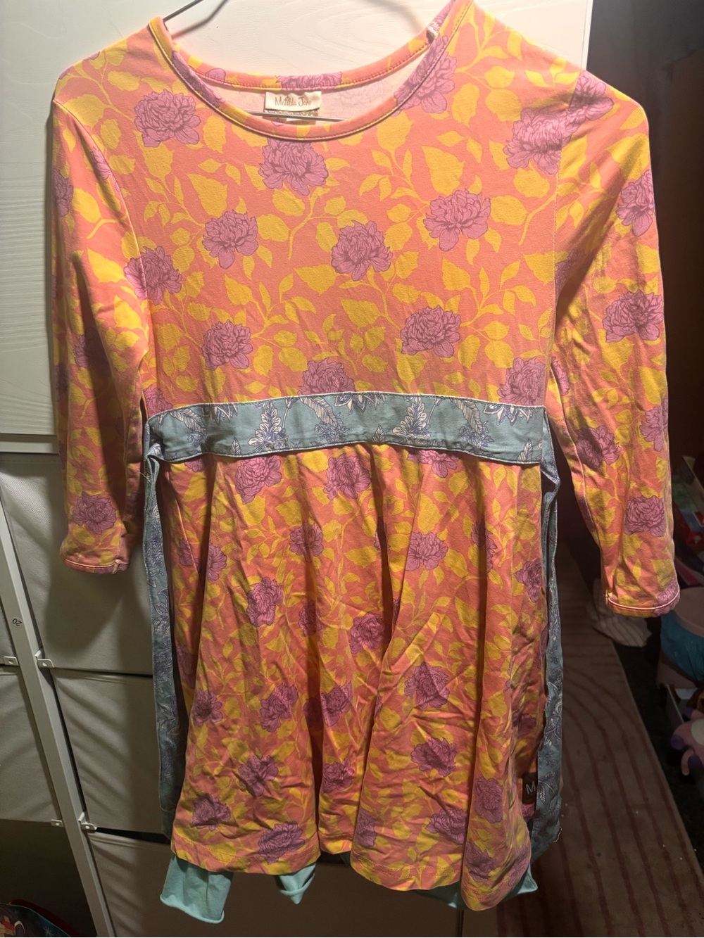 Matilda Jane Yellow Dress with Pink Floral Print and Blue Trim